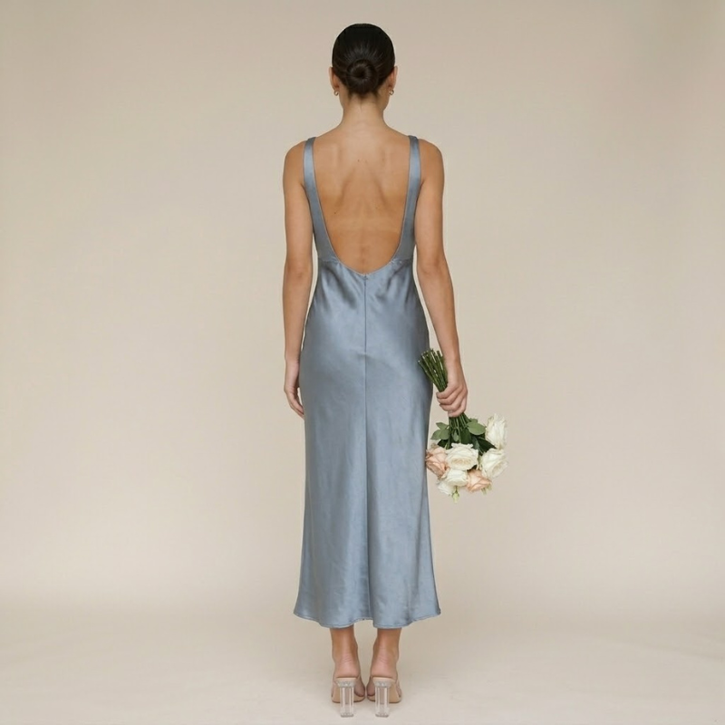 Luxurious satin midi dress for women – elegant cut with a V-neck and a front slit, perfectly conforming to the body