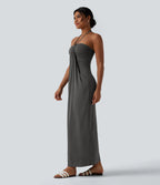 Letnia sukienka maxi z wiązaniem na plecach – luźna suknia z wiązaniem na plecach i praktycznymi kieszeniami
