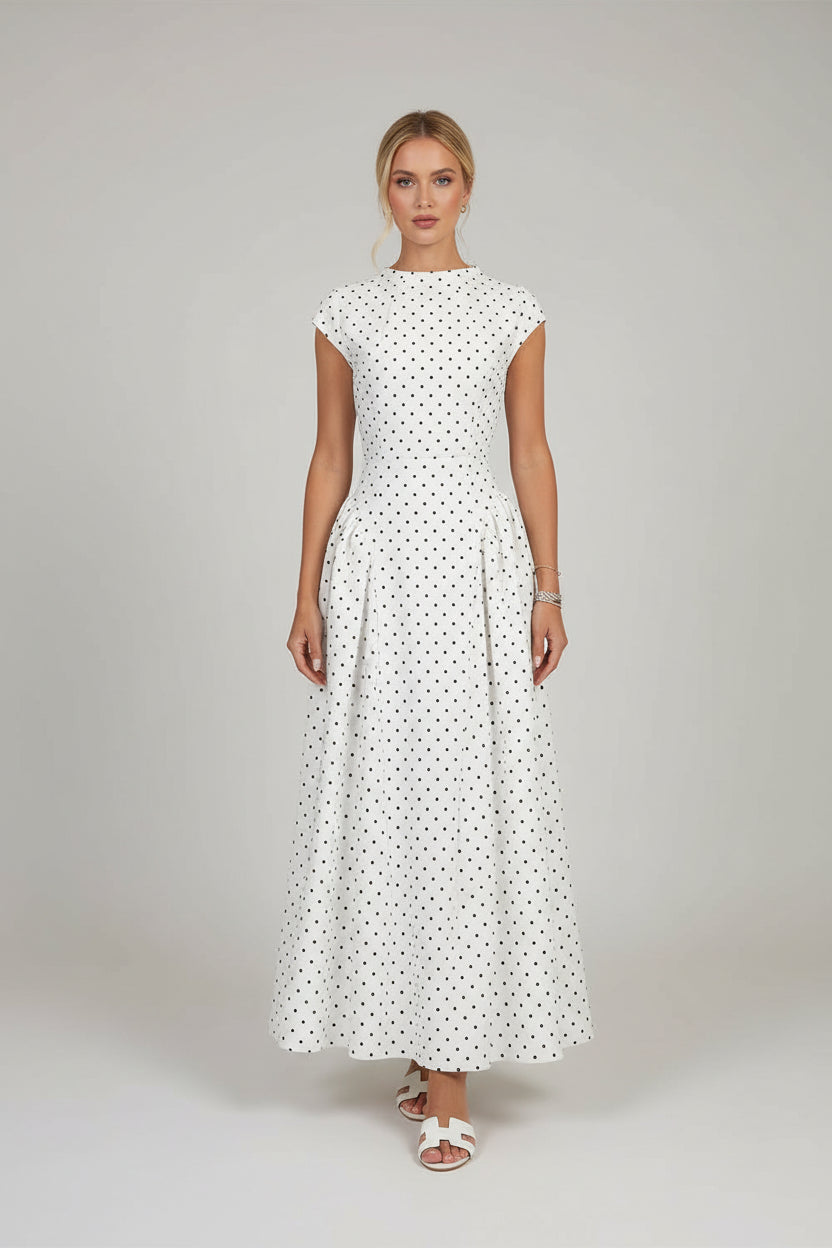 Sukienka maxi w groszki o kroju litery A – elegancka, dopasowana, zwiewna sukienka z okrągłym dekoltem