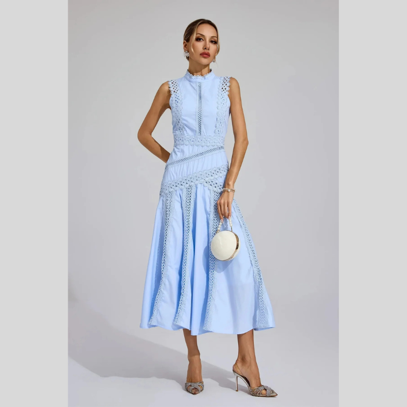 Elegancka damska sukienka midi – bez rękawów z koronkowymi zdobieniami