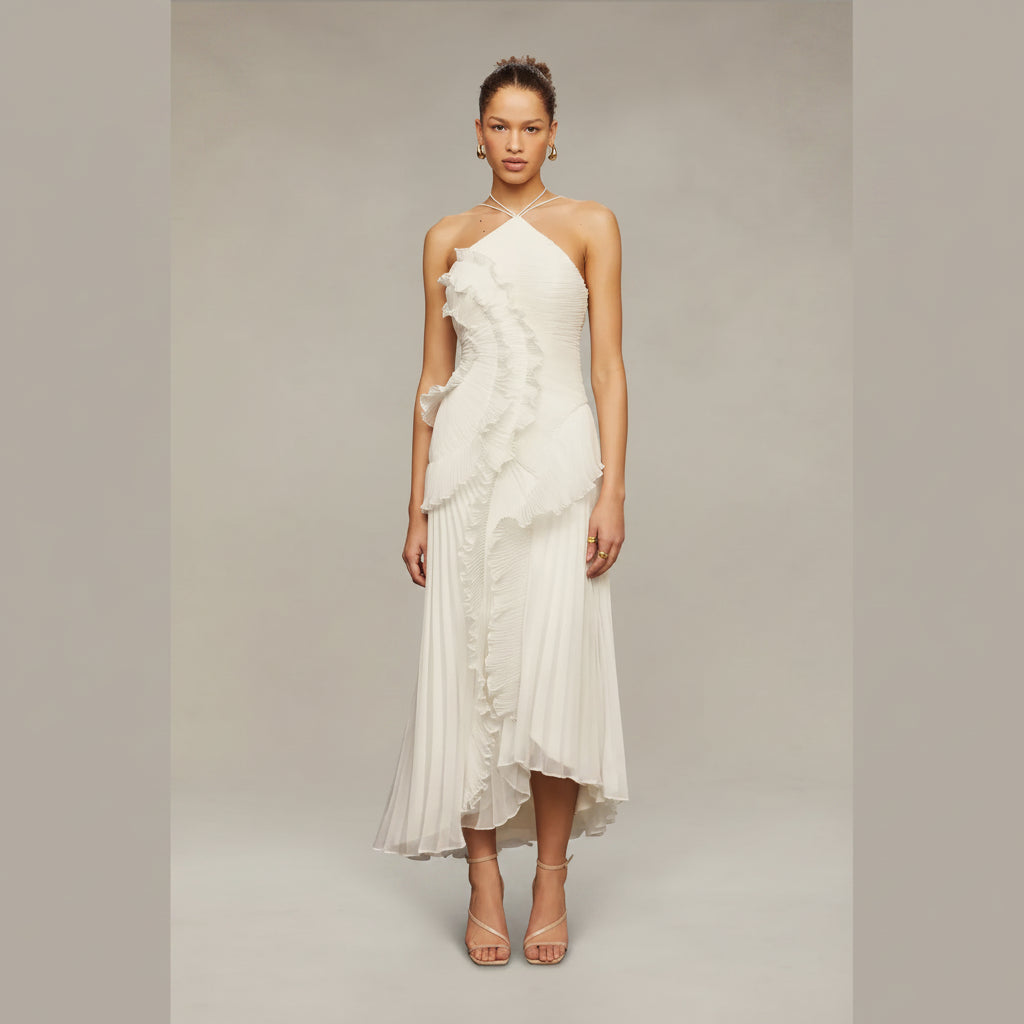Elegancka damska sukienka maxi z dekoltem halter – plisowany, swobodny krój