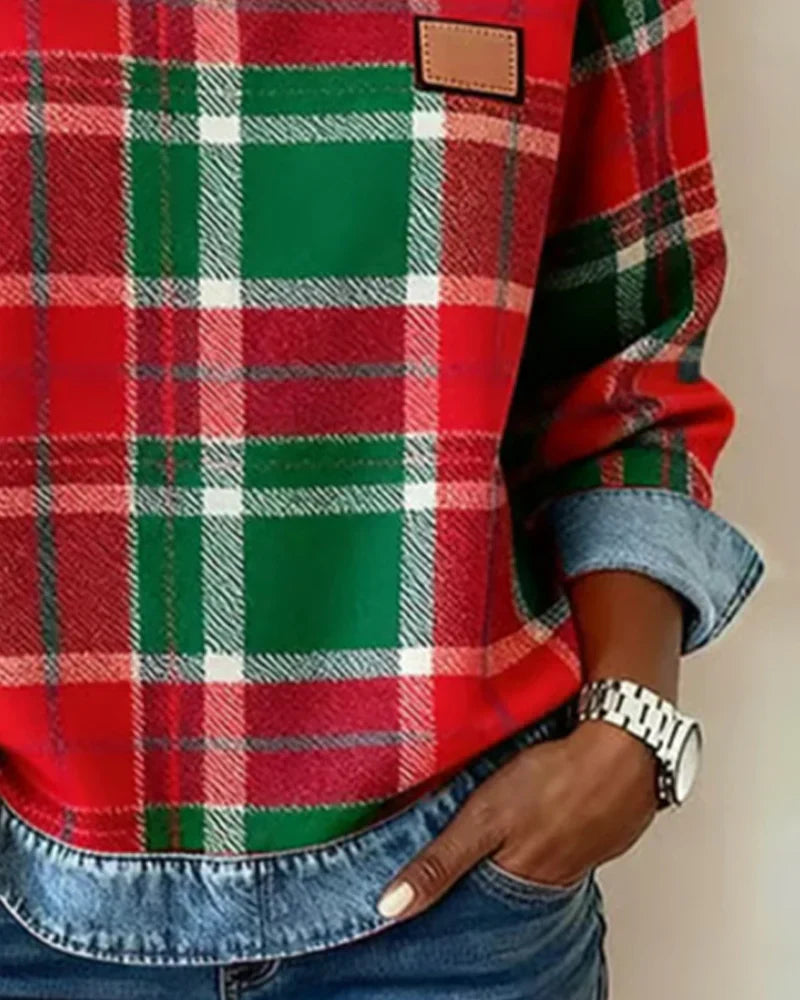 Clover | Damska sweter z patchworku z dżinsu – sweter z długim rękawem z dzianiny w kratę