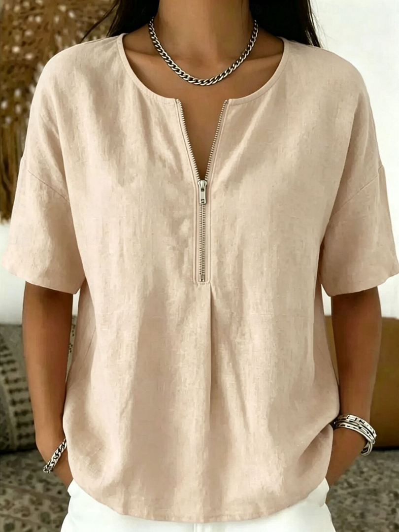 Marielle | Women's cotton and linen blouse – loose fit, V-neck with buttons