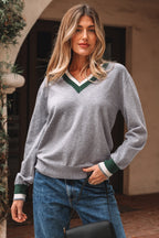 Belmira | Damska szara bluza w stylu varsity – sweter z dekoltem w serek