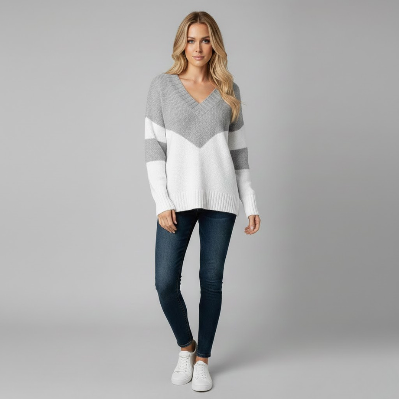 Elegancki sweter damski z dzianiny z dekoltem w serek – prosta, codzienna elegancja