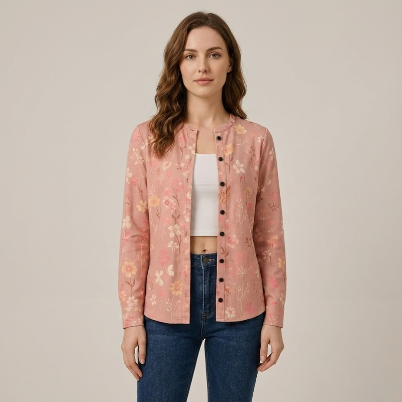 Elegancki, dzianinowy kardigan z kwiatowym wzorem dla kobiet – miękki, warstwowy sweter z okrągłym dekoltem