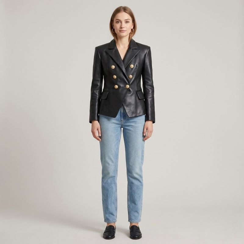 Damska kurtka motocyklowa ze sztucznej skóry – płaszcz z polerowanymi złotymi guzikami