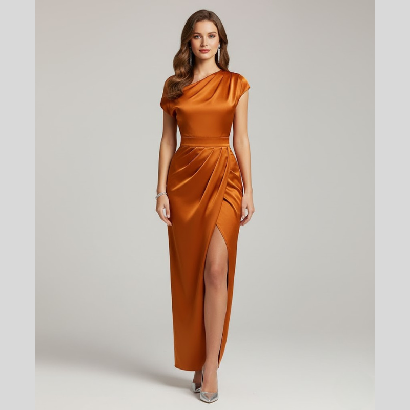 Glamowa sukienka maxi na jedno ramię dla kobiet – wyrafinowany wieczorowy look z rozcięciem