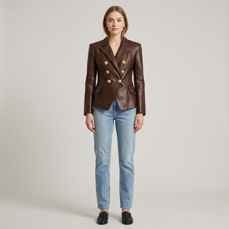 Damska kurtka motocyklowa ze sztucznej skóry – płaszcz z polerowanymi złotymi guzikami