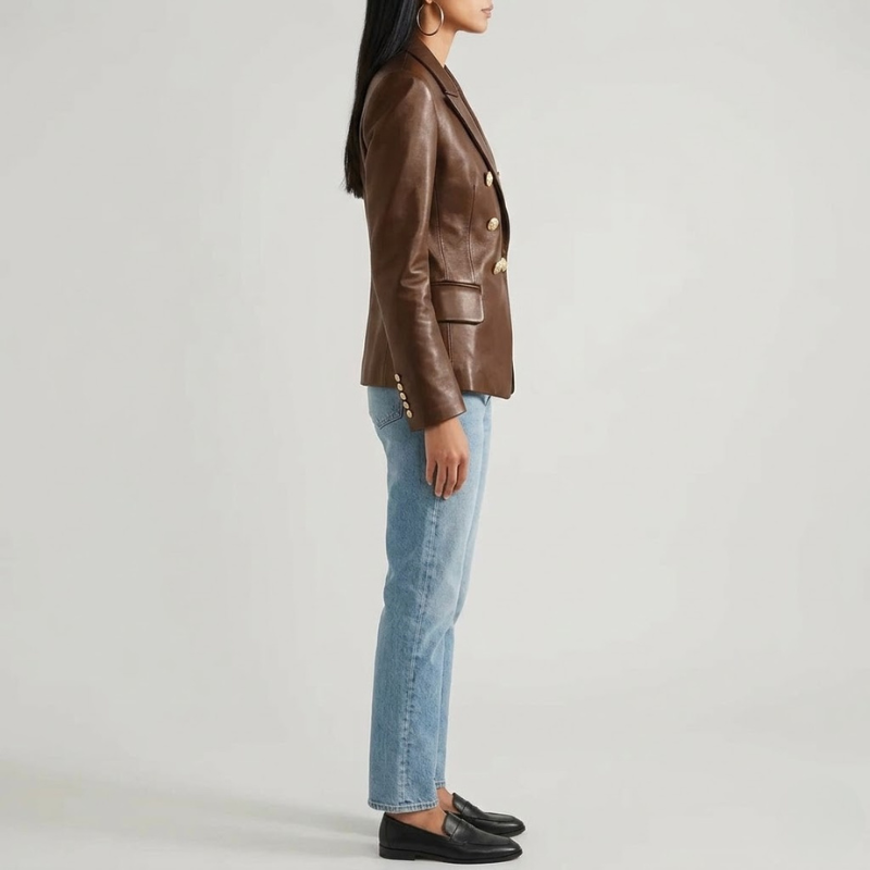 Damska kurtka motocyklowa ze sztucznej skóry – płaszcz z polerowanymi złotymi guzikami