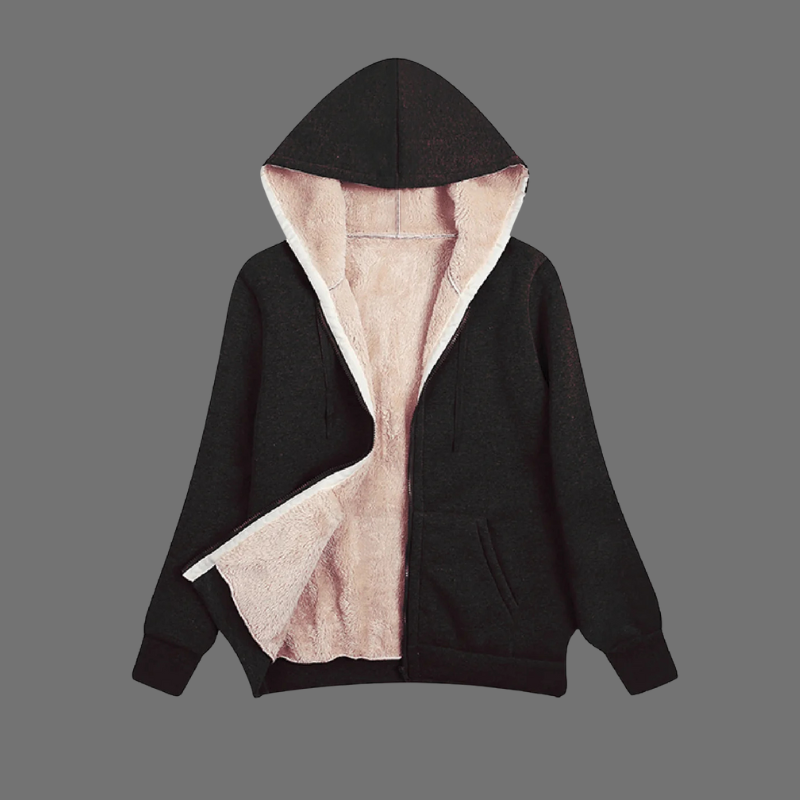 Miękki i ciepły damski płaszcz polarowy z kapturem – wygodny fason z długim rękawem