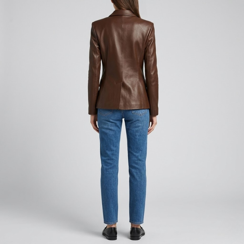 Damska kurtka motocyklowa ze sztucznej skóry – płaszcz z polerowanymi złotymi guzikami