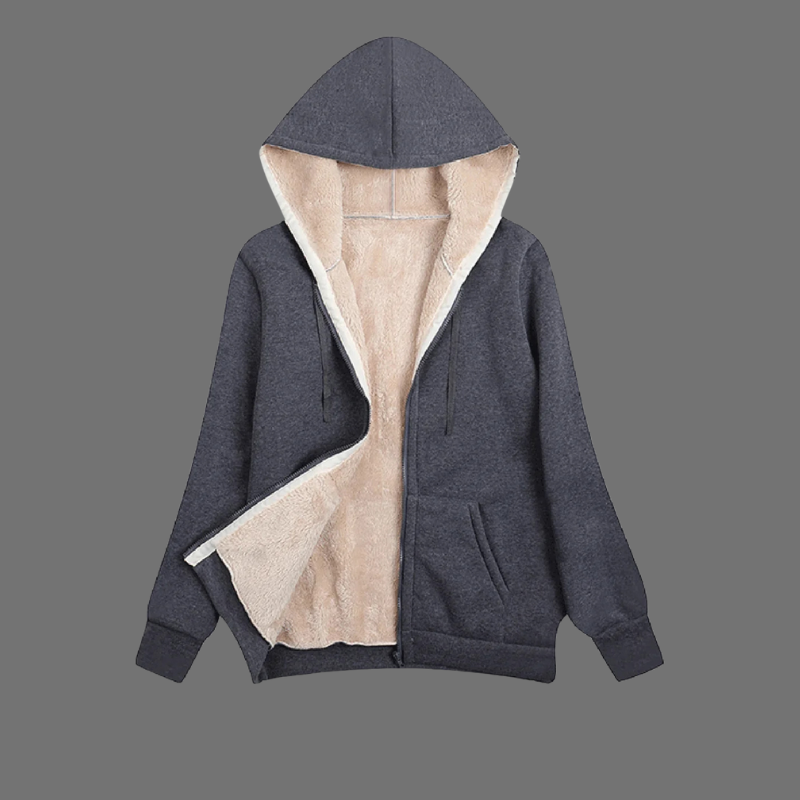 Miękki i ciepły damski płaszcz polarowy z kapturem – wygodny fason z długim rękawem