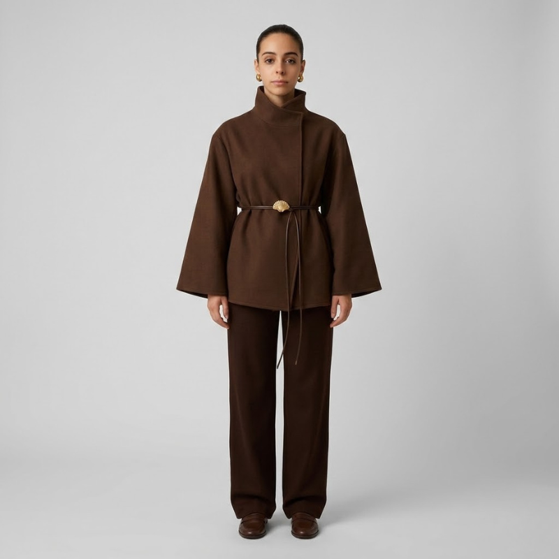 Elegancki zimowy płaszcz z paskiem – klasyczny, ciepły, długi płaszcz z kołnierzem z klapami dla kobiet