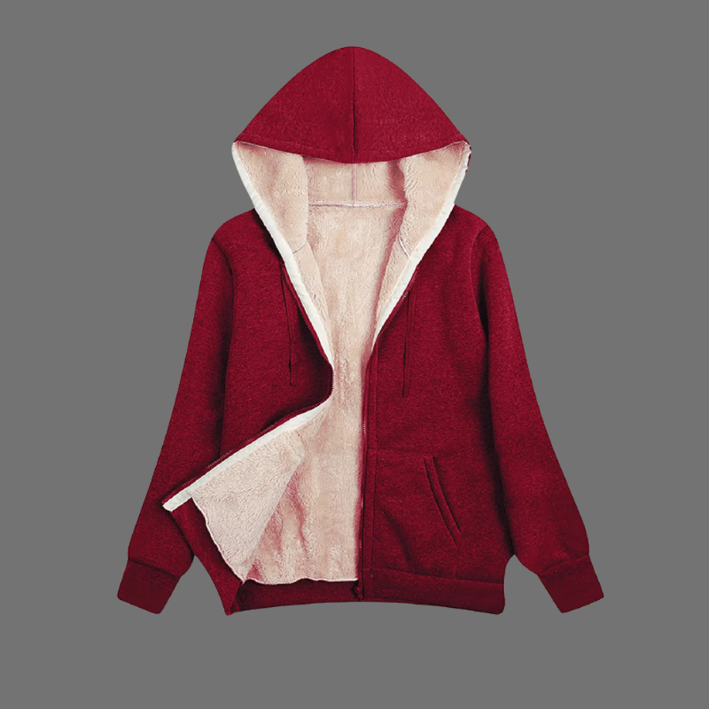 Miękki i ciepły damski płaszcz polarowy z kapturem – wygodny fason z długim rękawem