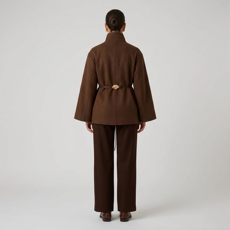 Elegancki zimowy płaszcz z paskiem – klasyczny, ciepły, długi płaszcz z kołnierzem z klapami dla kobiet