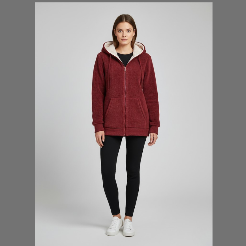 Miękki i ciepły damski płaszcz polarowy z kapturem – wygodny fason z długim rękawem