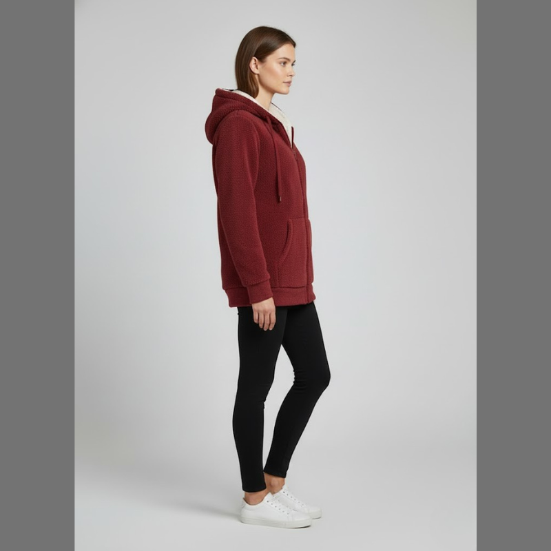 Miękki i ciepły damski płaszcz polarowy z kapturem – wygodny fason z długim rękawem