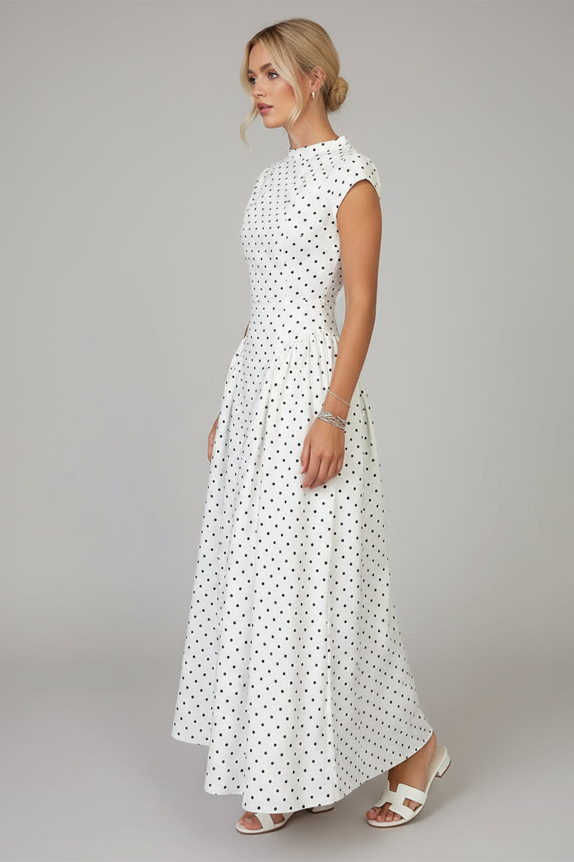 Sukienka maxi w groszki o kroju litery A – elegancka, dopasowana, zwiewna sukienka z okrągłym dekoltem