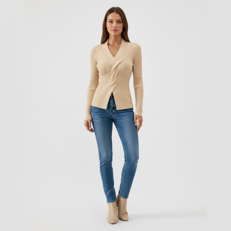 Luksusowy sweter damski z dzianiny z dekoltem w serek – miękka, elegancka warstwa