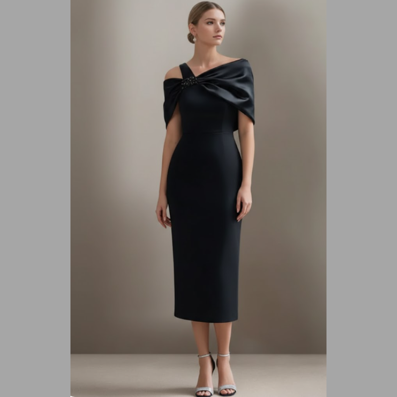 Elegancka damska sukienka midi z odkrytymi ramionami – szykowna, koktajlowa i wieczorowa z krótkim rękawem