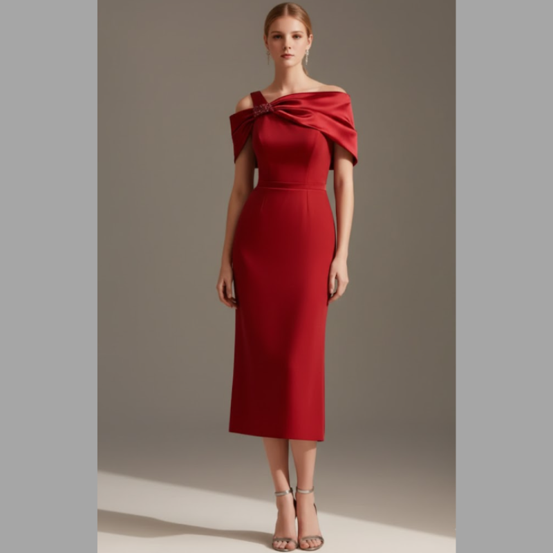 Elegancka damska sukienka midi z odkrytymi ramionami – szykowna, koktajlowa i wieczorowa z krótkim rękawem