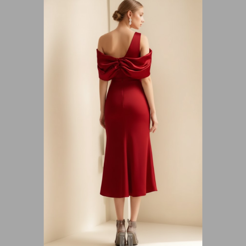 Elegancka damska sukienka midi z odkrytymi ramionami – szykowna, koktajlowa i wieczorowa z krótkim rękawem