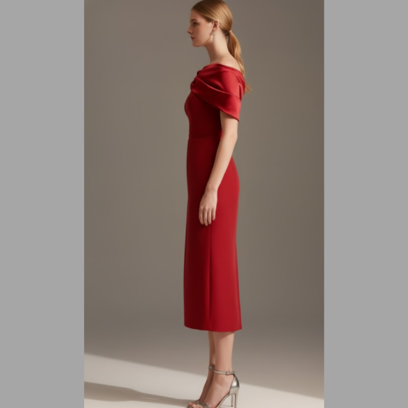 Elegancka damska sukienka midi z odkrytymi ramionami – szykowna, koktajlowa i wieczorowa z krótkim rękawem