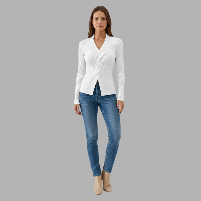 Luksusowy sweter damski z dzianiny z dekoltem w serek – miękka, elegancka warstwa