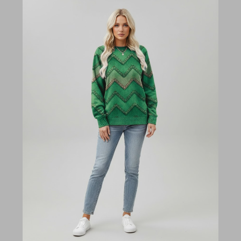 Damski sweter z geometrycznym nadrukiem – stylowy look inspirowany dżinsem
