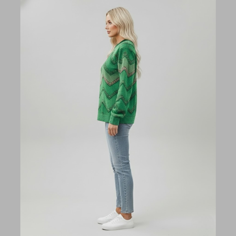 Damski sweter z geometrycznym nadrukiem – stylowy look inspirowany dżinsem