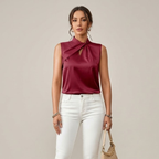 Sara | Satynowy Top Damski Bez Rękawów – Elegancka Bluzka z Kołnierzem-Stójką