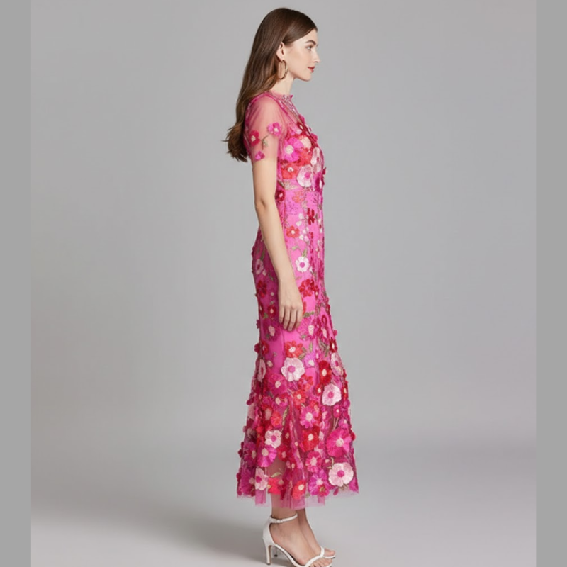 Romantyczna sukienka midi z kwiatowym wzorem dla kobiet - Elegancka kreacja wieczorowa i na specjalne okazje