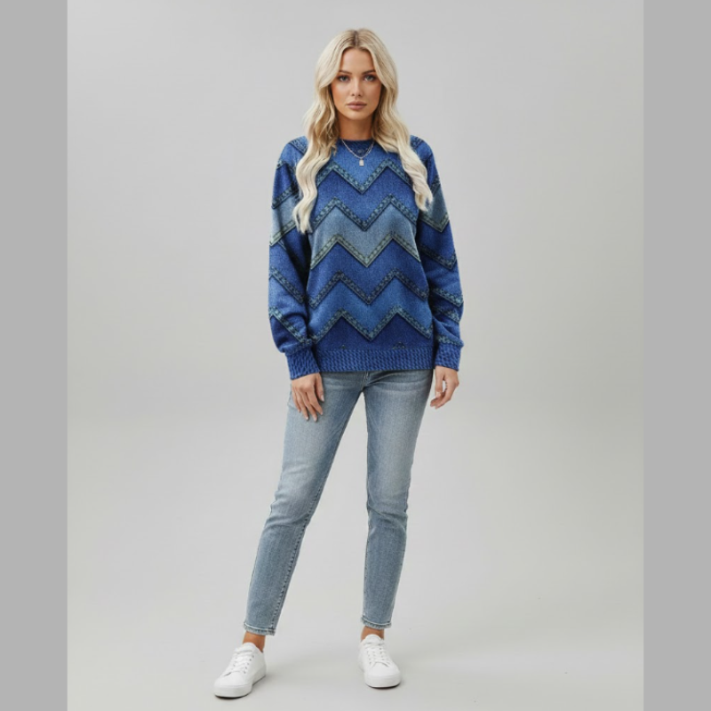 Damski sweter z geometrycznym nadrukiem – stylowy look inspirowany dżinsem