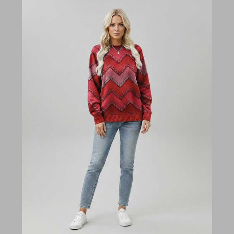 Damski sweter z geometrycznym nadrukiem – stylowy look inspirowany dżinsem