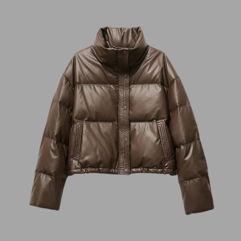 Kurtka puchowa damska o skróconej długości – przytulna, z wysokim kołnierzem, niezbędny element zimy