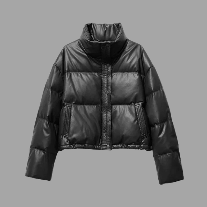 Kurtka puchowa damska o skróconej długości – przytulna, z wysokim kołnierzem, niezbędny element zimy