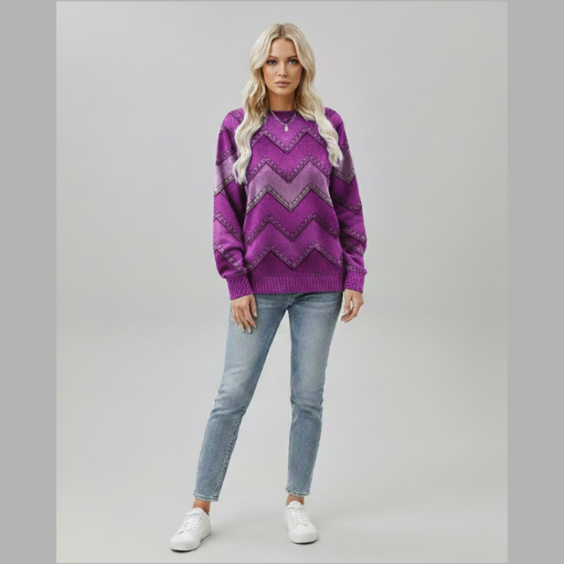 Damski sweter z geometrycznym nadrukiem – stylowy look inspirowany dżinsem