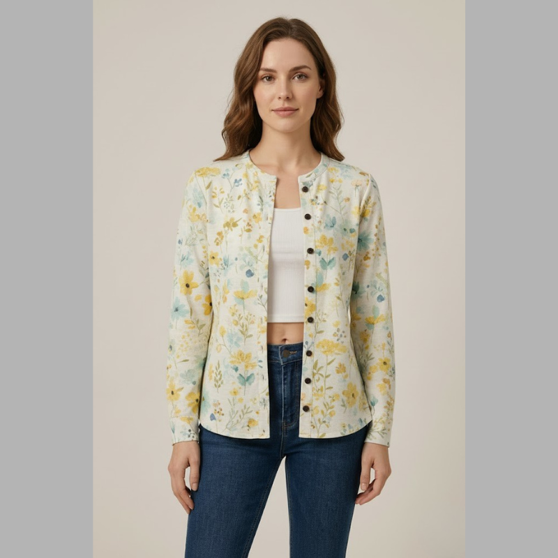 Elegancki, dzianinowy kardigan z kwiatowym wzorem dla kobiet – miękki, warstwowy sweter z okrągłym dekoltem