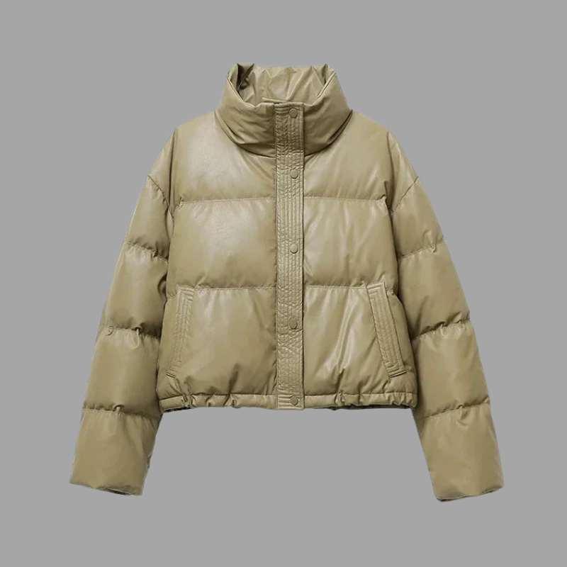 Kurtka puchowa damska o skróconej długości – przytulna, z wysokim kołnierzem, niezbędny element zimy