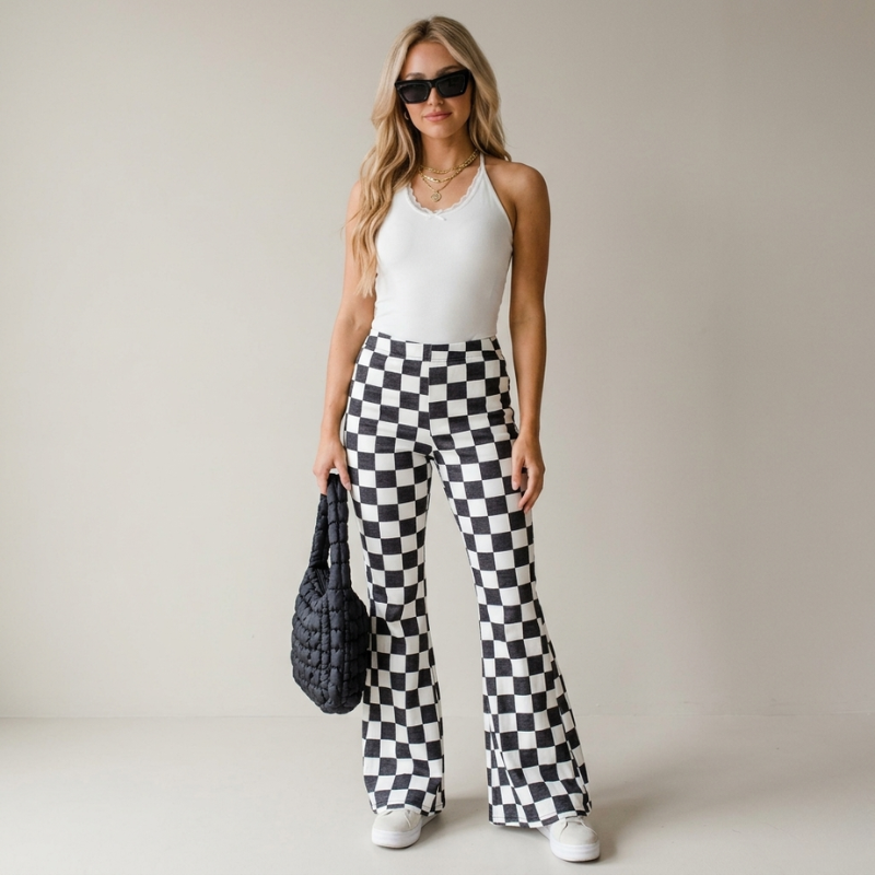 Spodnie w kratę z szerokimi nogawkami i wysokim stanem dla kobiet – eleganckie spodnie casualowe o atrakcyjnym kroju