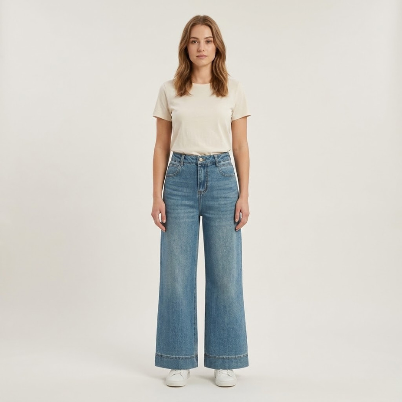 Jeansy damskie z wysokim stanem i szerokimi nogawkami – retro, z wyrazistymi wzorami