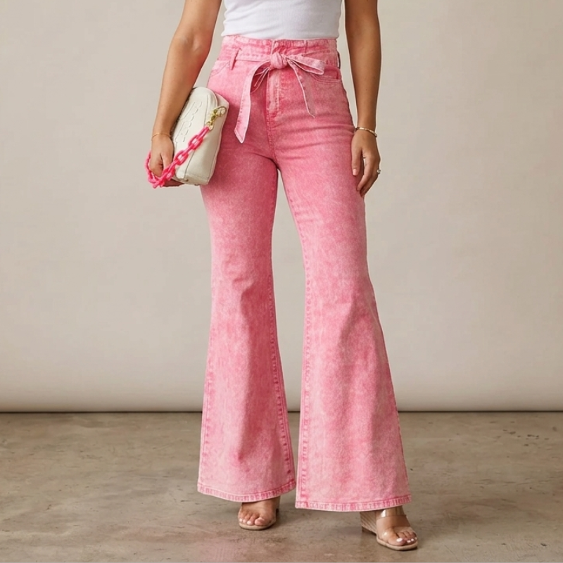 Eleganckie jeansy z wysokim stanem i rozszerzanymi nogawkami dla kobiet – w stylu retro z guzikami z przodu