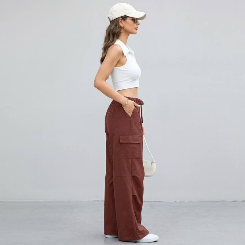Damskie, luźne spodnie cargo z wysokim stanem – szerokie spodnie w stylu streetwear z regulowanym sznurkiem