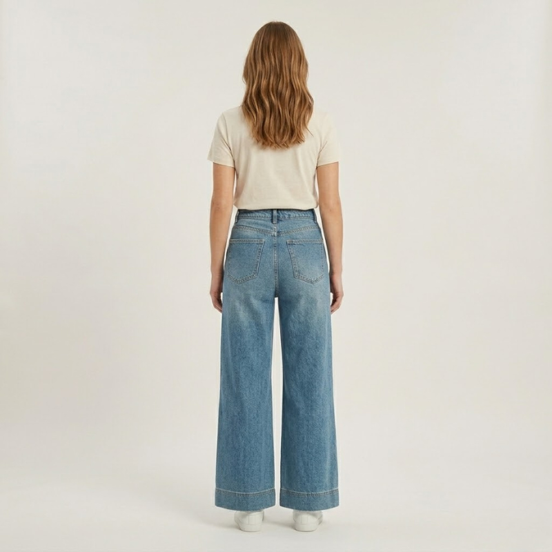 Jeansy damskie z wysokim stanem i szerokimi nogawkami – retro, z wyrazistymi wzorami