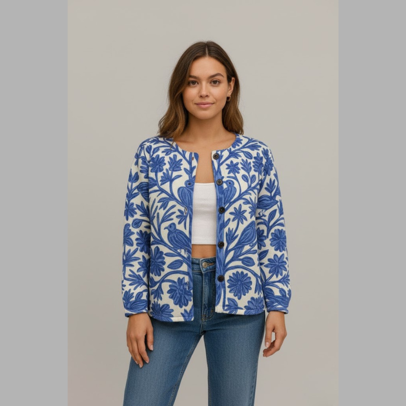 Elegancki, dzianinowy kardigan z kwiatowym wzorem dla kobiet – miękki, warstwowy sweter z okrągłym dekoltem