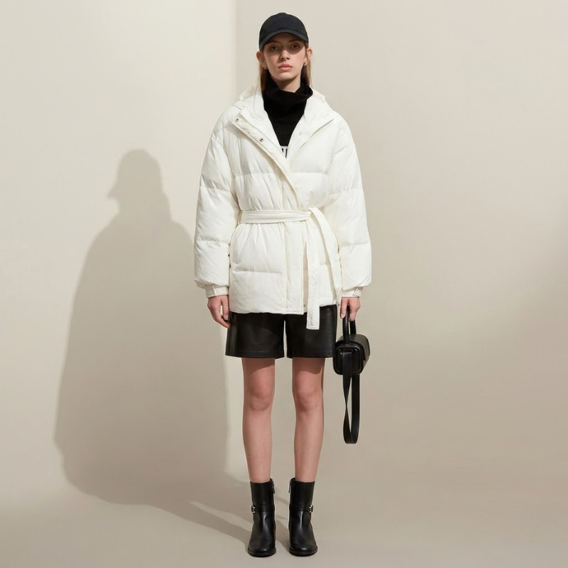 Damski puchowy płaszcz z paskiem – wyszczuplający pikowany płaszcz zimowy