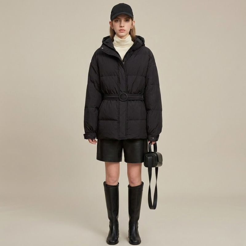 Damski puchowy płaszcz z paskiem – wyszczuplający pikowany płaszcz zimowy