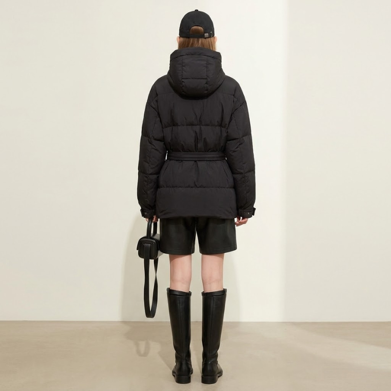 Damski puchowy płaszcz z paskiem – wyszczuplający pikowany płaszcz zimowy