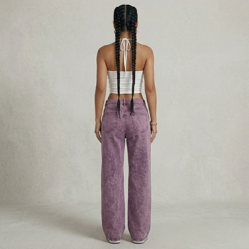 Jeansy damskie z wysokim stanem i rozciągliwym wzorem – luźne, proste, z efektem sprania kwasu